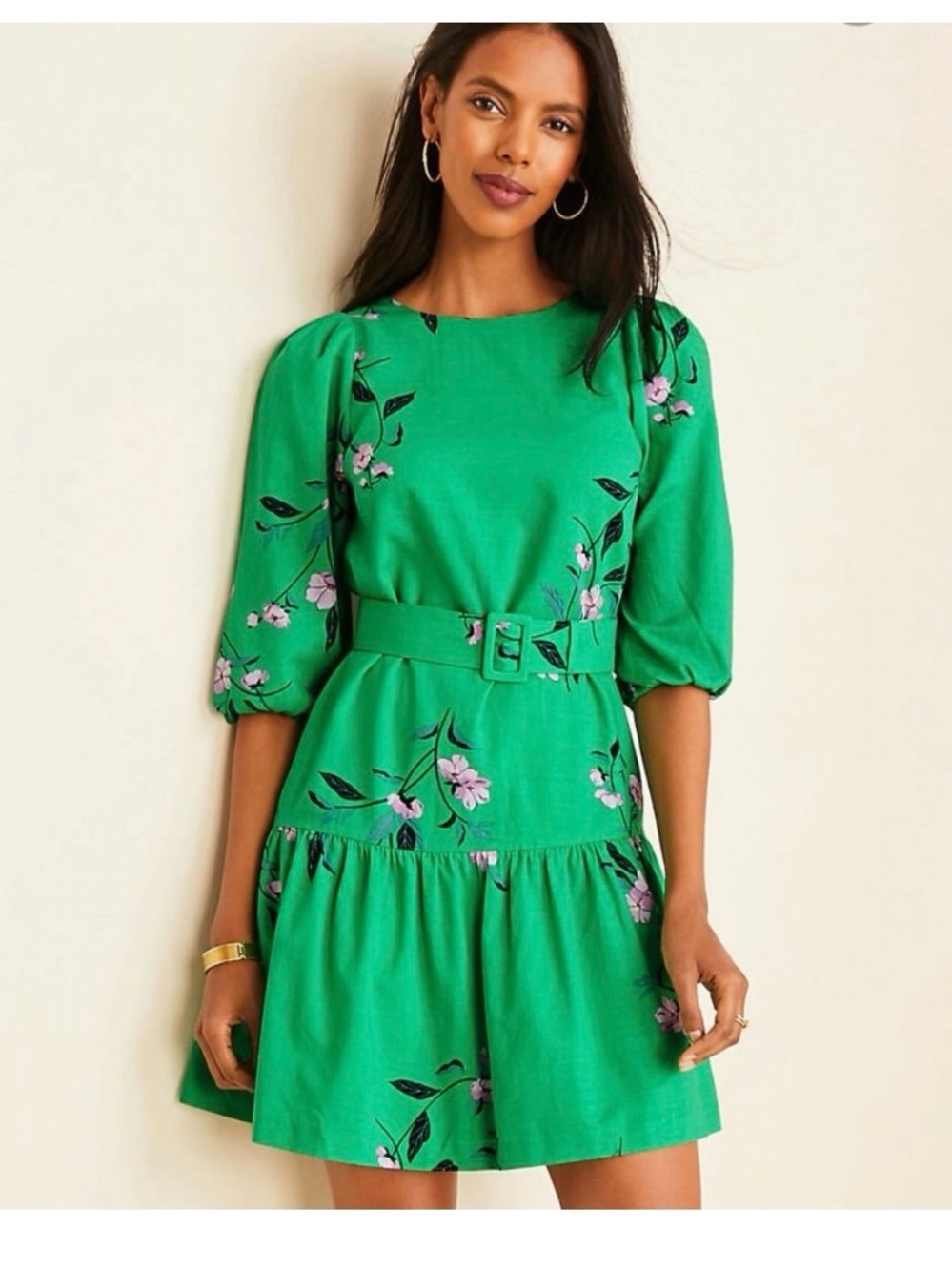 Ann Taylor Petite Green Floral Belted
Flounce Shift Dress. NWT.